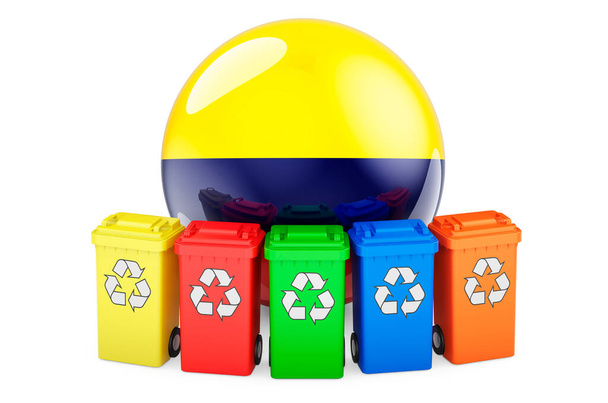 Reciclaje de residuos en Colombia. Papeleras de reciclaje de colores con bandera colombiana, representación 3D aislada sobre fondo blanco - Foto, imagen