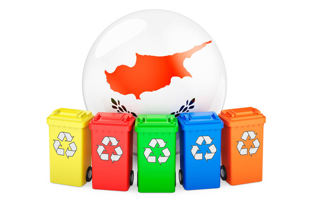 Reciclaje de residuos en Chipre. Papeleras de reciclaje de colores con bandera chipriota, representación 3D aislada sobre fondo blanco - Foto, imagen