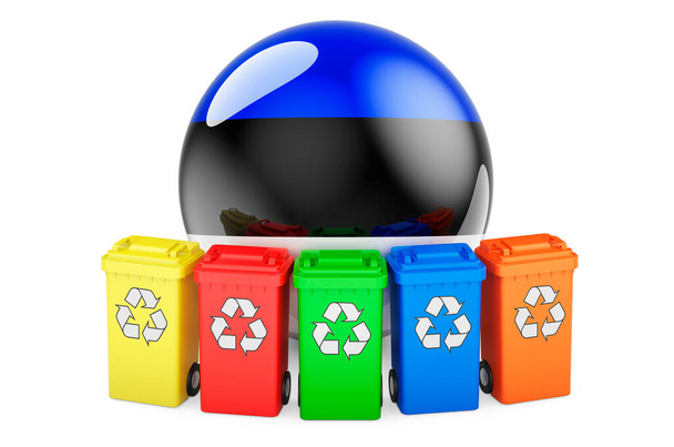 Reciclaje de residuos en Estonia. Papeleras de reciclaje de colores con bandera estonia, representación 3D aislada sobre fondo blanco - Foto, Imagen