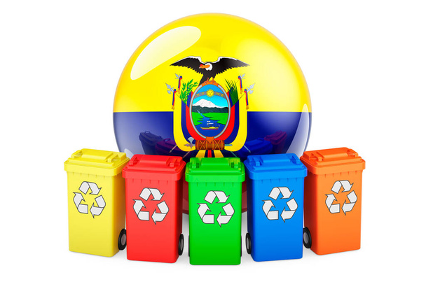 Переработка отходов в Эквадоре. Цветные контейнеры для переработки с флагом Эквадора, 3D рендеринг изолирован на белом фоне - Фото, изображение