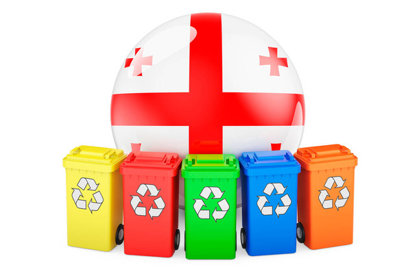 Reciclaje de residuos en Georgia. Papeleras de reciclaje de colores con bandera georgiana, representación 3D aislada sobre fondo blanco - Foto, imagen