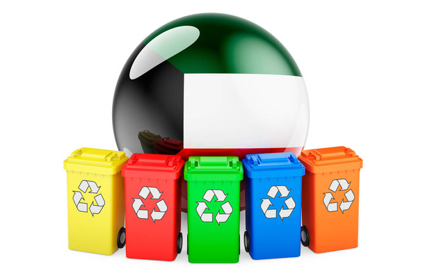 Переработка отходов в Кувейте. Цветные контейнеры для переработки с кувейтским флагом, 3D рендеринг изолирован на белом фоне - Фото, изображение
