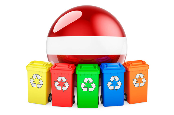 Afvalrecycling in Letland. Gekleurde recyclingbakken met Letse vlag, 3D-weergave geïsoleerd op witte achtergrond - Foto, afbeelding