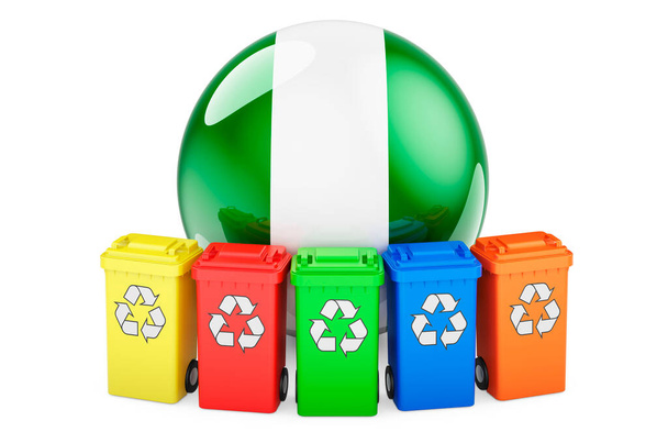 Переработка отходов в Нигерии. Цветные контейнеры для переработки с нигерийским флагом, 3D рендеринг изолирован на белом фоне - Фото, изображение
