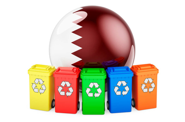 Reciclaje de residuos en Qatar. Papeleras de reciclaje de colores con bandera de Qatar, representación 3D aislada sobre fondo blanco - Foto, Imagen
