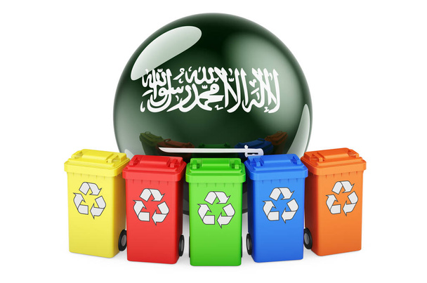 Reciclaje de residuos en Arabia Saudita. Papeleras de reciclaje de colores con bandera de Arabia Saudita, representación 3D aislada sobre fondo blanco - Foto, imagen