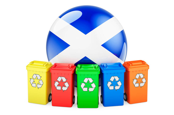 Afvalrecycling in Schotland. Gekleurde recyclingbakken met Schotse vlag, 3D-weergave geïsoleerd op witte achtergrond - Foto, afbeelding