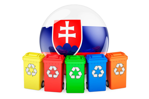 Переработка отходов в Словакии. Цветные контейнеры для переработки со словацким флагом, 3D рендеринг изолирован на белом фоне - Фото, изображение