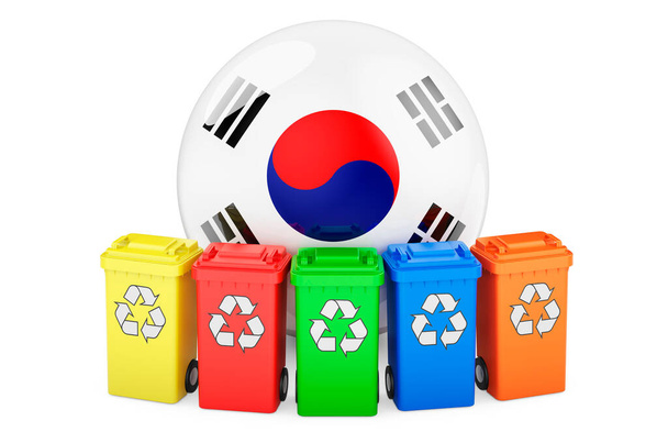 Переработка отходов в Южной Корее. Цветные контейнеры для переработки с флагом Южной Кореи, 3D рендеринг изолирован на белом фоне - Фото, изображение
