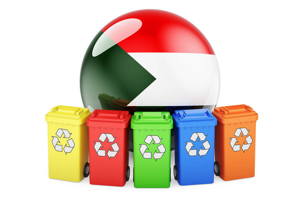 Переработка отходов в Судане. Цветные контейнеры для переработки с флагом Судана, 3D рендеринг изолирован на белом фоне - Фото, изображение