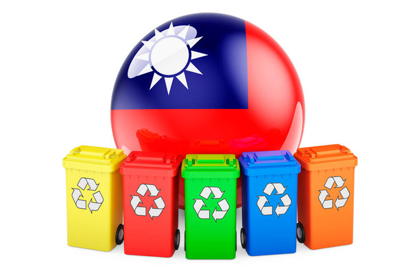 Reciclaje de residuos en Taiwán. Papeleras de reciclaje de colores con bandera taiwanesa, representación 3D aislada sobre fondo blanco - Foto, Imagen