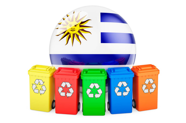 Reciclaje de residuos en Uruguay. Papeleras de reciclaje de colores con bandera uruguaya, representación 3D aislada sobre fondo blanco - Foto, imagen