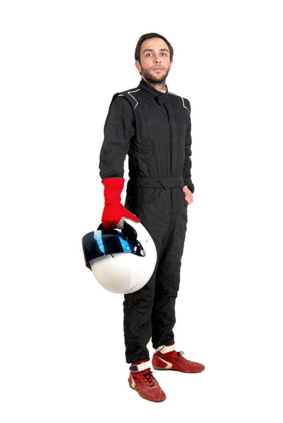 Piloto de corrida posando com capacete isolado em branco - Foto, Imagem