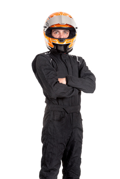 Racing driver posing with helmet isolated in white - Foto, afbeelding