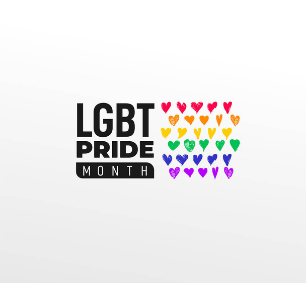 Mes del Orgullo LGBT en junio. Vector logo lesbiana Gay Bisexual Transgénero. Celebrado anualmente. Bandera arco iris concepto de amor. Derechos humanos y tolerancia. Tarjeta de ilustración de póster, banner y fondo. - Vector, Imagen
