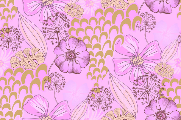 Fantastic flowers and butterflies. Seamless pattern. Vector illustration. Suitable for fabric, mural, wrapping paper and the like - Vektor, obrázek