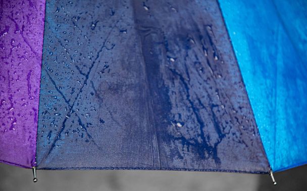Krawędź ciemnoniebieskiego fioletowego parasola z metalowymi szprychami - Zdjęcie, obraz