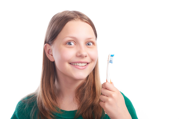 glücklich Teenager Mädchen mit Zahnbürste - Foto, Bild