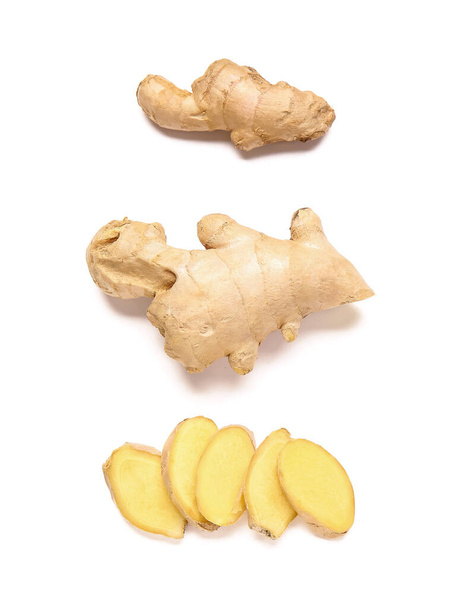 Fresh ginger with slices on white background - Photo, Image