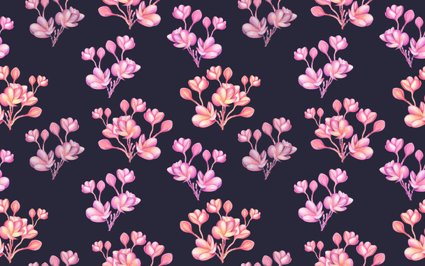 水彩画ピンク、濃い背景にカラフルな花のシームレスなパターンを開花。水彩手描きイラスト花puperia熱帯エキゾチックな壁紙テキスタイル夏のハワイスタイルのために. - 写真・画像