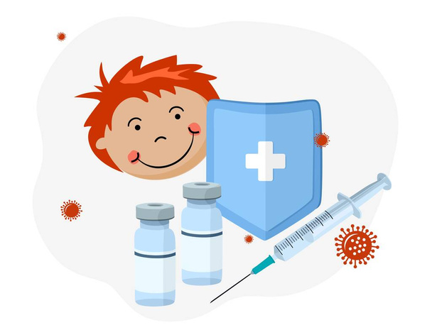 Vacinação de crianças no hospital. Ilustração vetorial de uma seringa e de uma vacina. Prevenção, tratamento de doenças, cuidados de saúde e imunização. - Vetor, Imagem