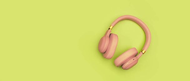 Pink Wireless Headphones on acid green background. Trendy minimal style. Music concept. Flat lay banner with copy space, top view  - Photo, Image