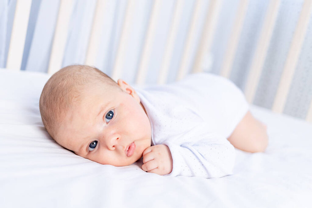 милый новорожденный ребенок на животике в кроватке на хлопчатобумажной кровати дома, концепция здорового сна - Фото, изображение