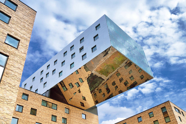 Modern architecture building with mirrored exterior shot from low angle - Fotoğraf, Görsel