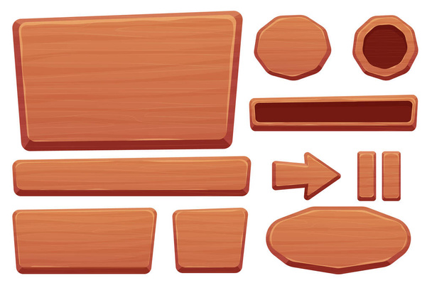 Wood button set in cartoon style with cracked details isolated on white background. Game assets, ui interface, menu. Collection of different shapes for application. - Vector, Image