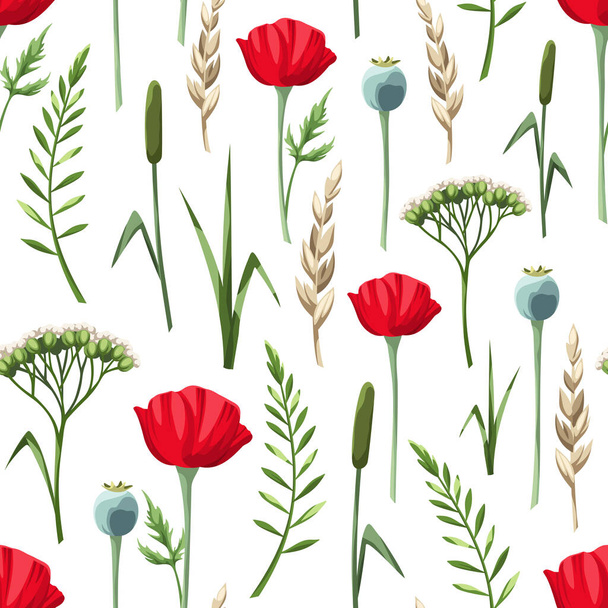 Vector seamless pattern with red poppy flowers and wild grasses on a white background. - Vektör, Görsel