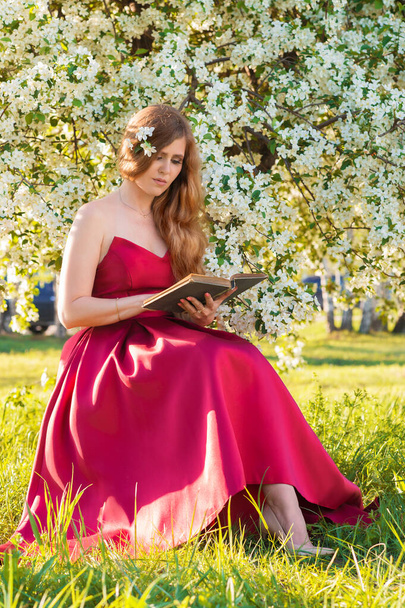 beautiful woman in luxurious red dress reading a book outdoors - Fotoğraf, Görsel