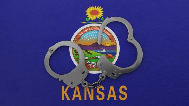 Half geopende stalen handboeien in het midden en bovenop de Amerikaanse vlag van Kansas - Foto, afbeelding
