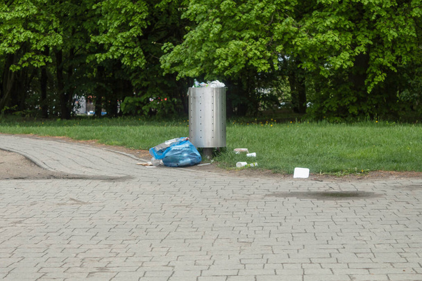 Full garbage bin in a park. Trash and dirt on the street - Photo, Image