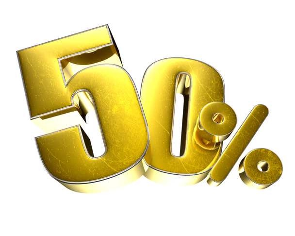 50 por ciento de oro ilustración 3D sobre un fondo blanco con ruta de recorte. - Foto, Imagen