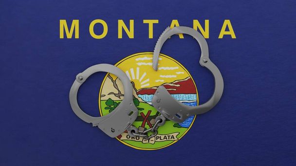 Half opened steel handcuff in center and on top of the US state flag of Montana - Photo, Image