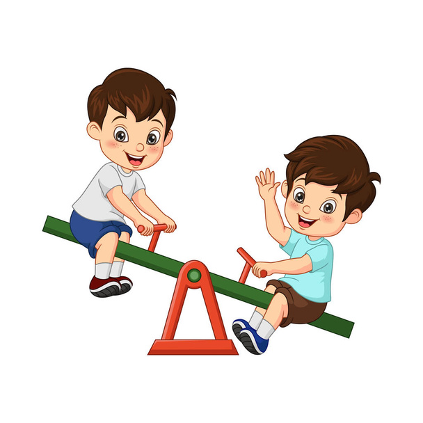 Ilustración vectorial de dibujos animados de dos niños jugando balancín - Vector, imagen