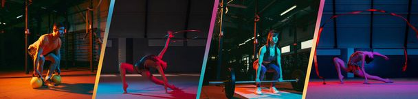 Колаж пристосованості, спортсмени в дії і русі ізольовані на різнокольоровому фоні в неоновому світлі
 - Фото, зображення