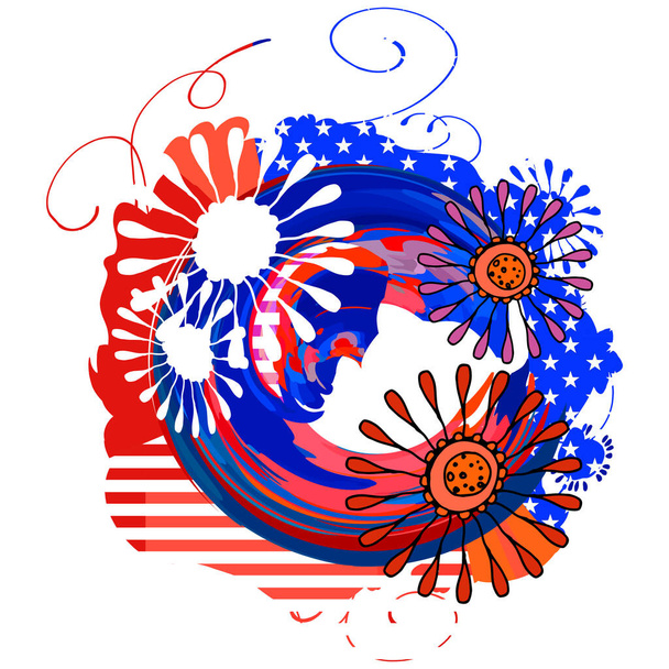 American theme with a flag. Abstract illustration for printing on gift products. Round sublimation with flowers and swirls. Patriotic illustration in red and blue colors. The holiday is July 4. - Vector, Image