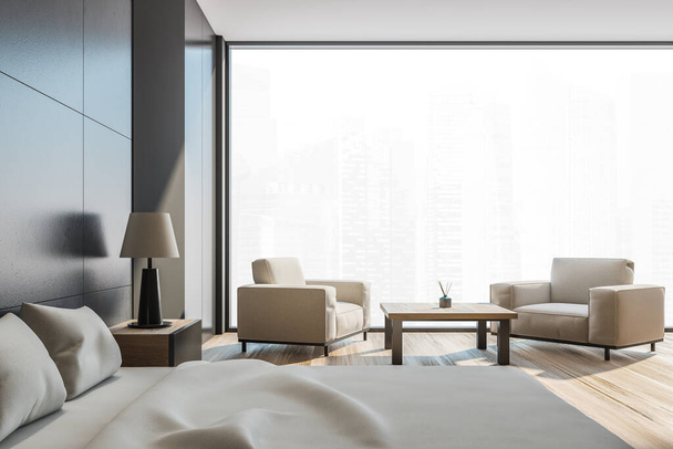 Dark bedroom interior with bed and furniture on parquet floor, two armchairs and coffee table. Panoramic city view on Singapore, 3D rendering - Foto, Imagem