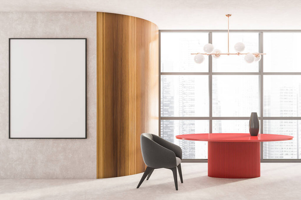 Stylish modern living room interior in skyscraper building with design armchair and red round table, white mock up framed poster, concrete floor, wood wall. Panoramic window. No people. 3d rendering - Fotoğraf, Görsel