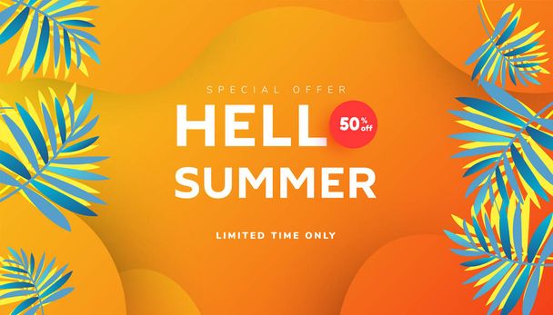Hello summer sale banner design with tropical leaves and ripe watermelon slices on yellow background . Copy space for store marketing promotion. - Vettoriali, immagini
