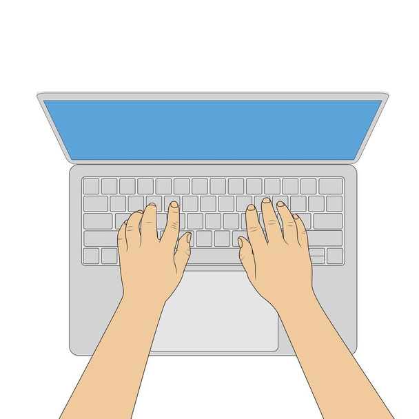Kädet kirjoittavat kannettavalle tietokoneelle. Tekstailu näppäimistön yläosassa. Vector kuva eristetty valkoisella taustalla - Vektori, kuva
