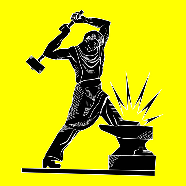 Forgeron noir avec un marteau battant sur l'enclume. Illustration vectorielle sur fond jaune. - Vecteur, image