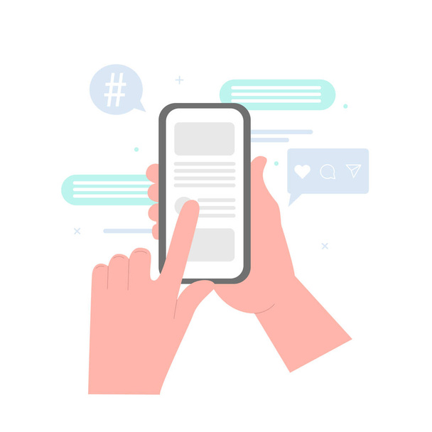Χέρια κρατώντας το κινητό τηλέφωνο με σχεδιασμό app. Τηλέφωνο χειρός με σύντομα μηνύματα, συνομιλία και έλεγχο των μέσων κοινωνικής δικτύωσης. Διανυσματική επίπεδη απεικόνιση. - Διάνυσμα, εικόνα