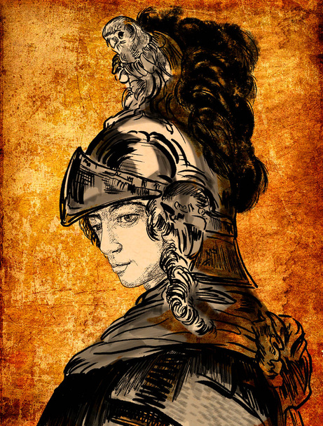Atena ou Atena, muitas vezes dado o epíteto de Palas, é uma deusa grega antiga associada com sabedoria, artesanato e guerra, que mais tarde foi sincretizada com a deusa romana Minerva. - Foto, Imagem