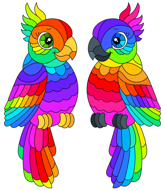 Набор витражей с попугаями, яркие птицы на белом фоне - Вектор,изображение