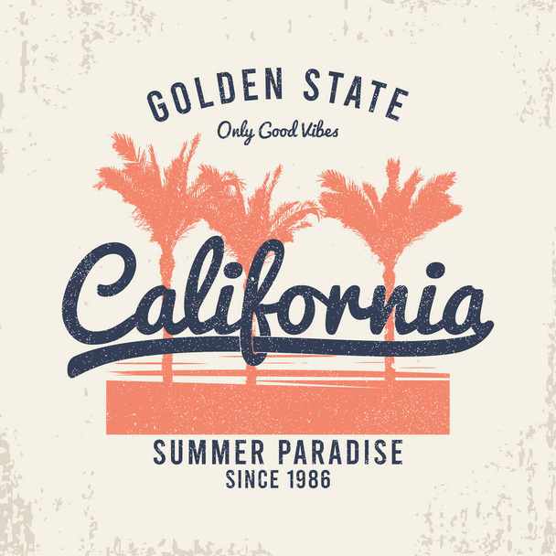 California design t-shirt con palme, grunge e slogan. Grafica tipografica per maglietta vintage. Stampa di abbigliamento California. Illustrazione vettoriale. - Vettoriali, immagini