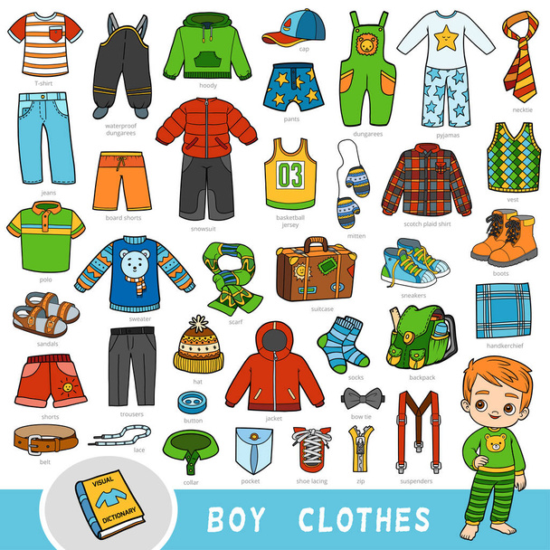 Vector set of boys clothes, color collection of cartoon kids accessories and clothing - Vector, Image