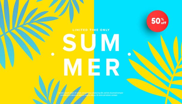 Summer sale banner vector illustration with tropical leaves background. Promotion banner for website, flyer and poster. Vector illustration - Vetor, Imagem