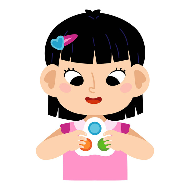Dibujos animados vector ilustración, chica asiática sostiene un antiestrés simple hoyuelo juguete en sus manos - Vector, Imagen